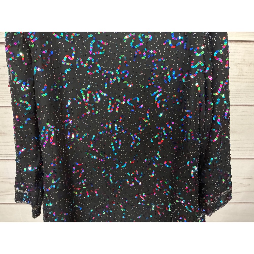 Vintage Silk Beaded Sequin Jacket Rainbow Multi Color Open Front Evening Top 1X - Picture 7 of 10